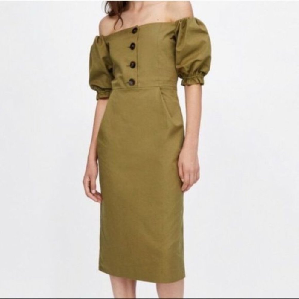 Zara green puff sleeve dress, S
